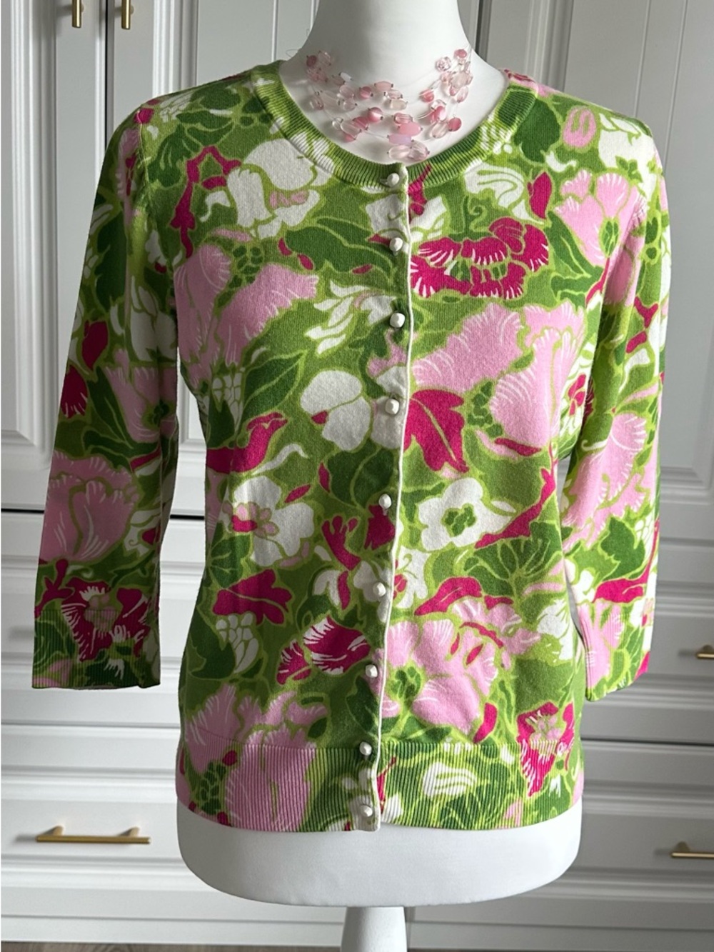 Talbot Petite Medium Floral Knit Cardigan in Pink & Green